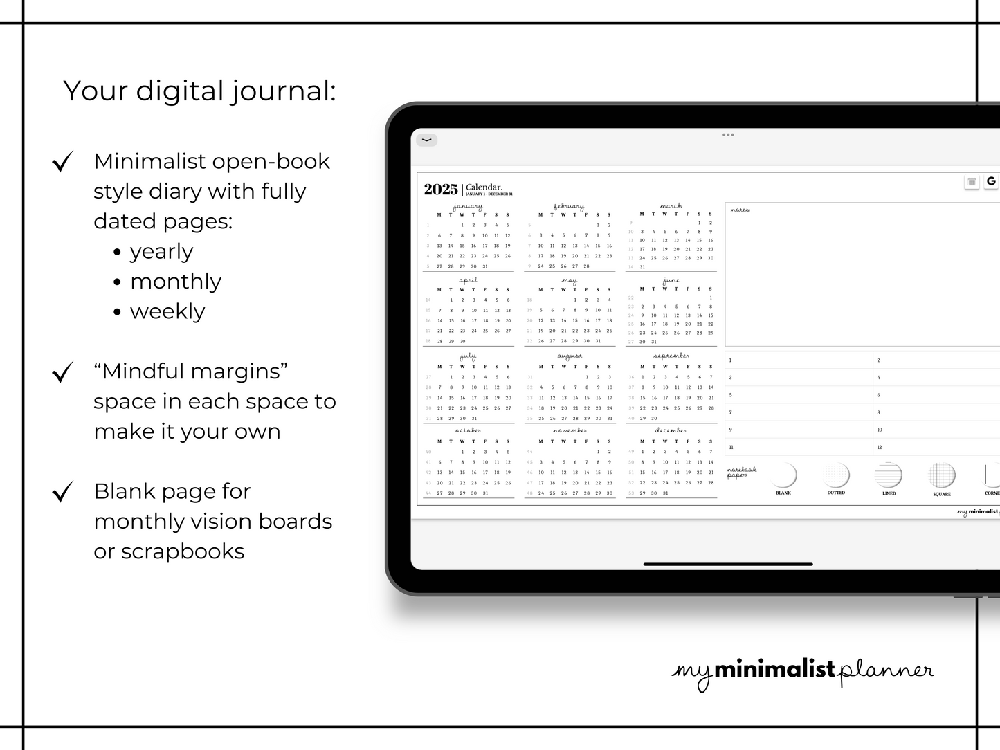 2025 Minimalist Digital Diary / Journal Log, Tracker, Scrapbook, Quote Collection, Notes Template