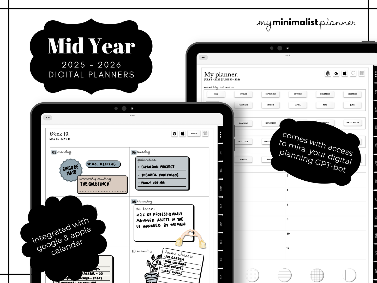 2025 - 2026 Minimalist Mid Year Digital iPad Planner, Sync with Apple + Google Calendar, Monthly Weekly Daily Pages, Sticker Book