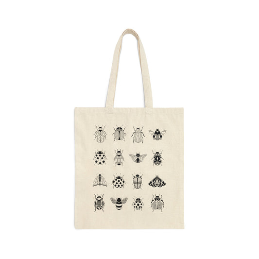 Minimalist Cotton Tote Bag, Bugs Print Black & White City-Inspired Gym-Inspired Reusable Shopping Gym