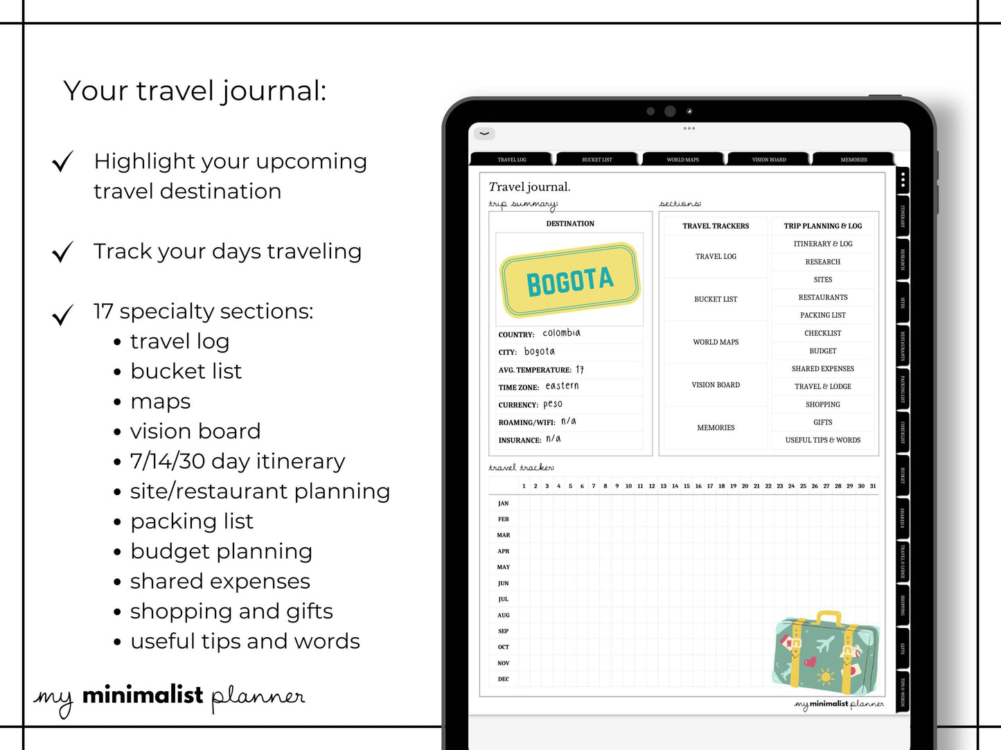 Minimalist Digital Travel Journal Log, Tracker, Book Review, Quote Collection, Travel Wishlist, A to Z, Top 10, Goodnotes Template