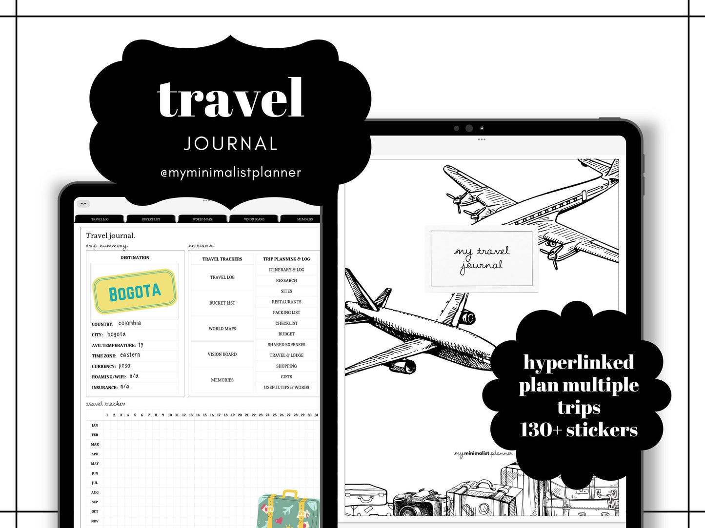 Minimalist Digital Travel Journal Log, Tracker, Book Review, Quote Collection, Travel Wishlist, A to Z, Top 10, Goodnotes Template