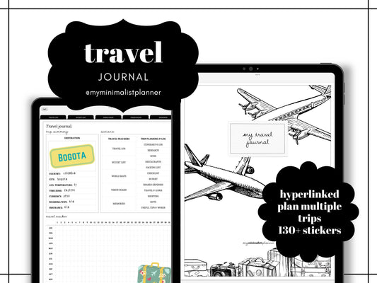 Minimalist Digital Travel Journal Log, Tracker, Book Review, Quote Collection, Travel Wishlist, A to Z, Top 10, Goodnotes Template