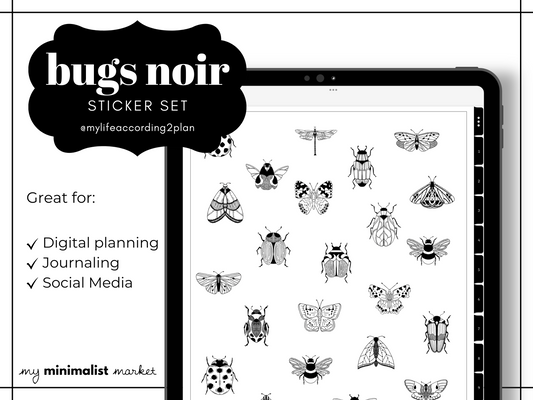 Minimalist Everyday Bug Noir Stickers, Planning and Bujo Animals Sticker Set, Digital Planner Stickers, GoodNotes 5 Elements, Precropped