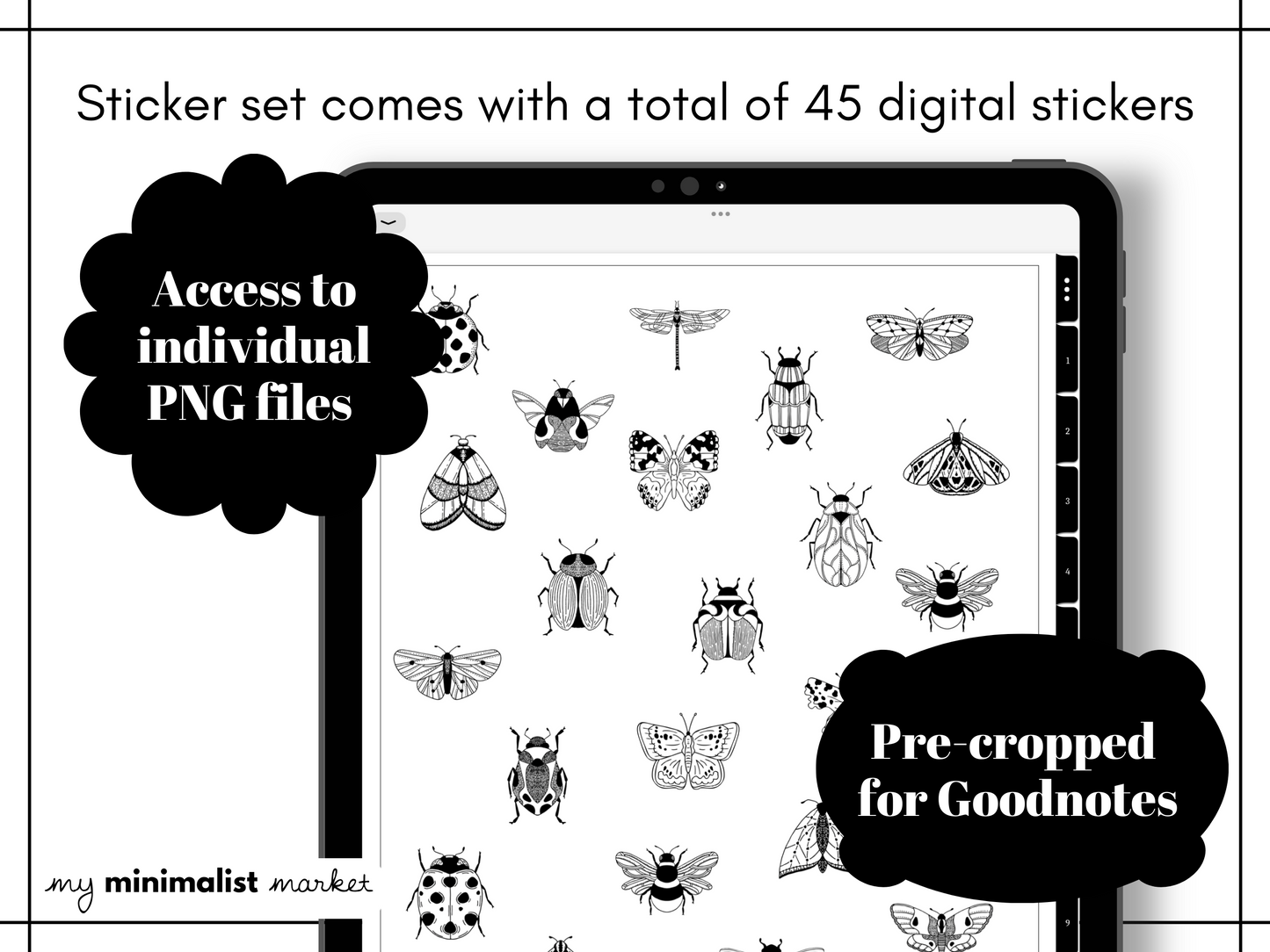 Minimalist Everyday Bug Noir Stickers, Planning and Bujo Animals Sticker Set, Digital Planner Stickers, GoodNotes 5 Elements, Precropped