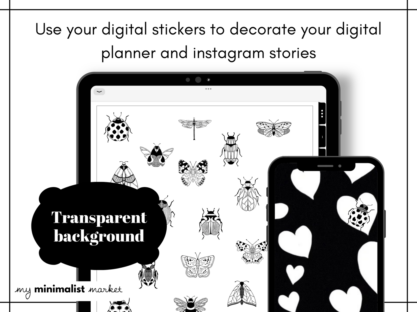 Minimalist Everyday Bug Noir Stickers, Planning and Bujo Animals Sticker Set, Digital Planner Stickers, GoodNotes 5 Elements, Precropped