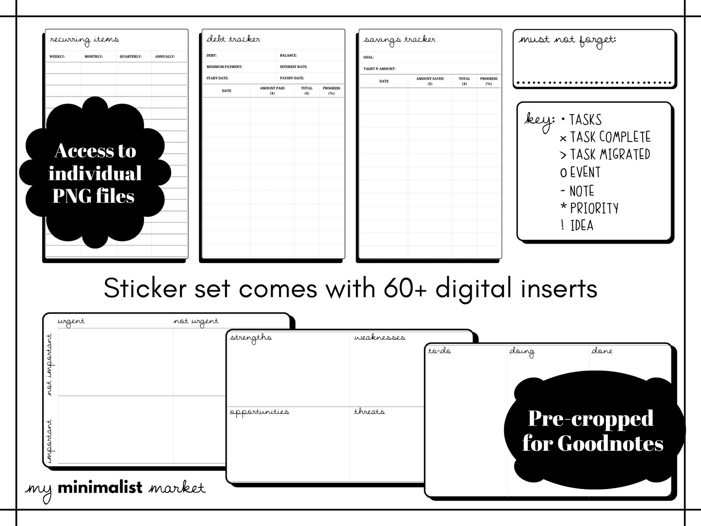 Minimalist Everyday Inserts Pro Sticker Pack, Planning and Bujo Sticker Set, Digital Planner Stickers, GoodNotes 5 Elements, Precropped