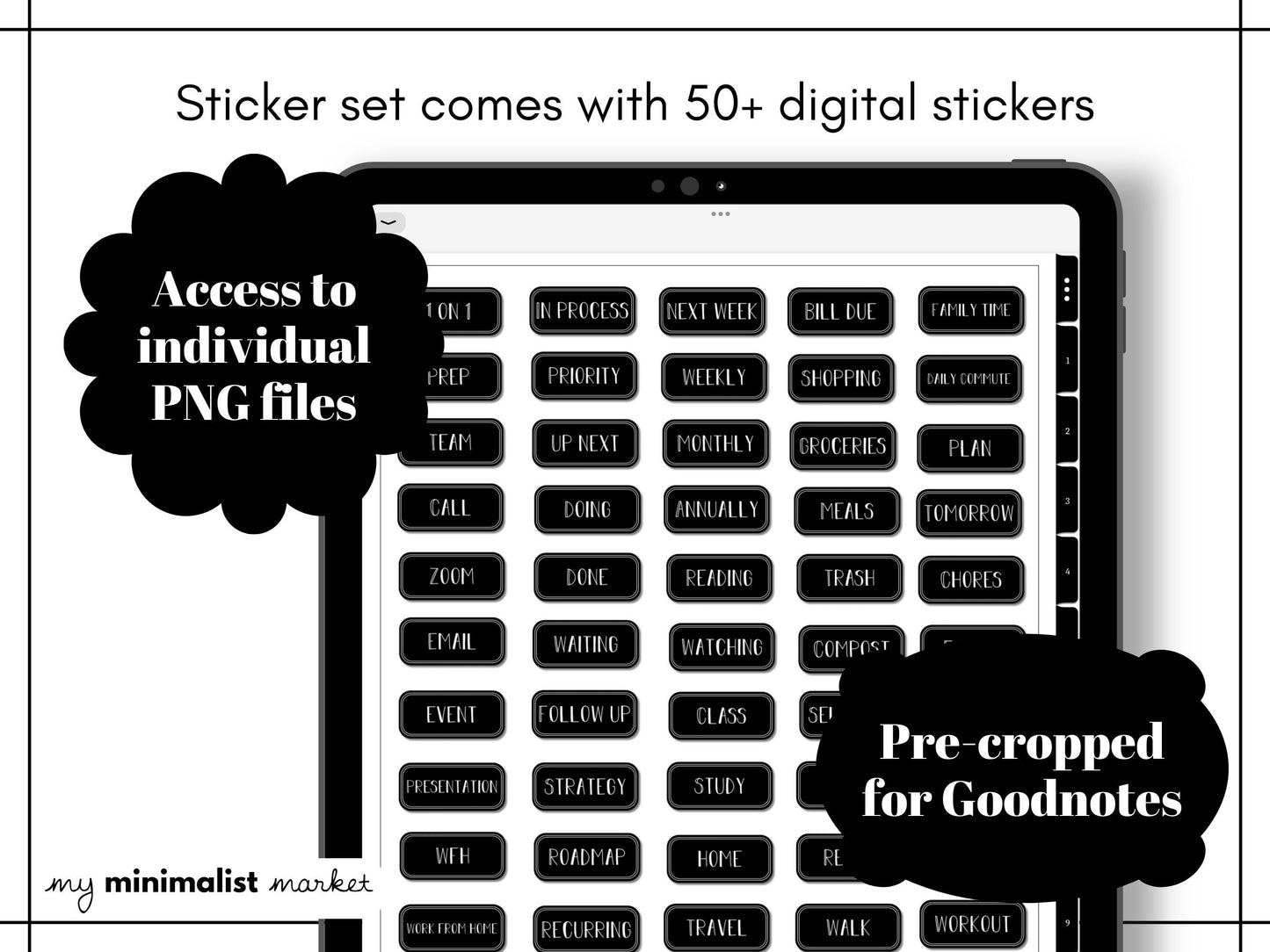Minimalist Black Everyday Stickers, Work, Study & Life Labels Sticker Set, Digital Planner Stickers, GoodNotes 5 Elements, Precropped