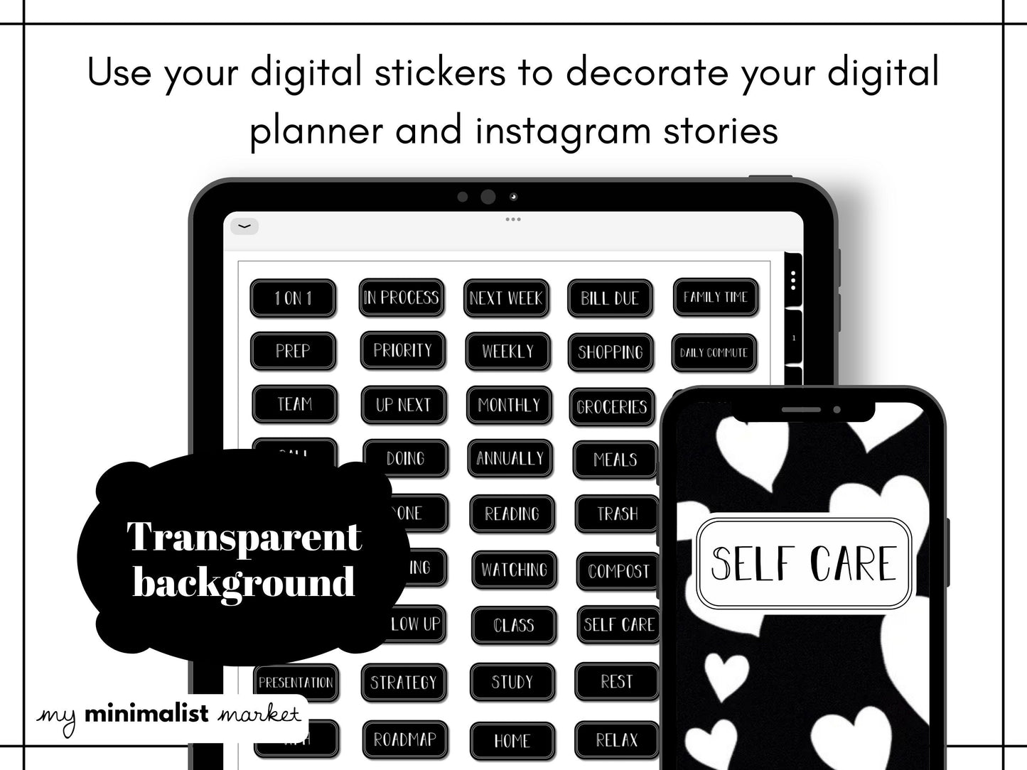 Minimalist Black Everyday Stickers, Work, Study & Life Labels Sticker Set, Digital Planner Stickers, GoodNotes 5 Elements, Precropped