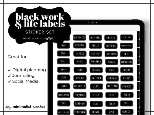 Minimalist Black Everyday Stickers, Work, Study & Life Labels Sticker Set, Digital Planner Stickers, GoodNotes 5 Elements, Precropped