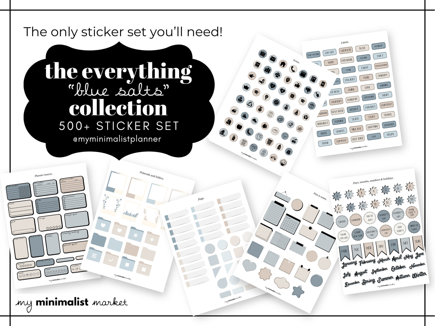Everything Sticker Set "Blue Salts Collection", Digital Planning & Bujo, Labels, Seasons, Holidays, Self Care, Icons, Post-its, Precropped