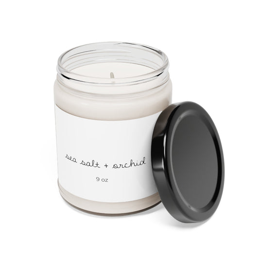 Minimalist Black & White Sea Salt and Orchid Scented Soy Candle, Monochrome Candle Set, 9oz