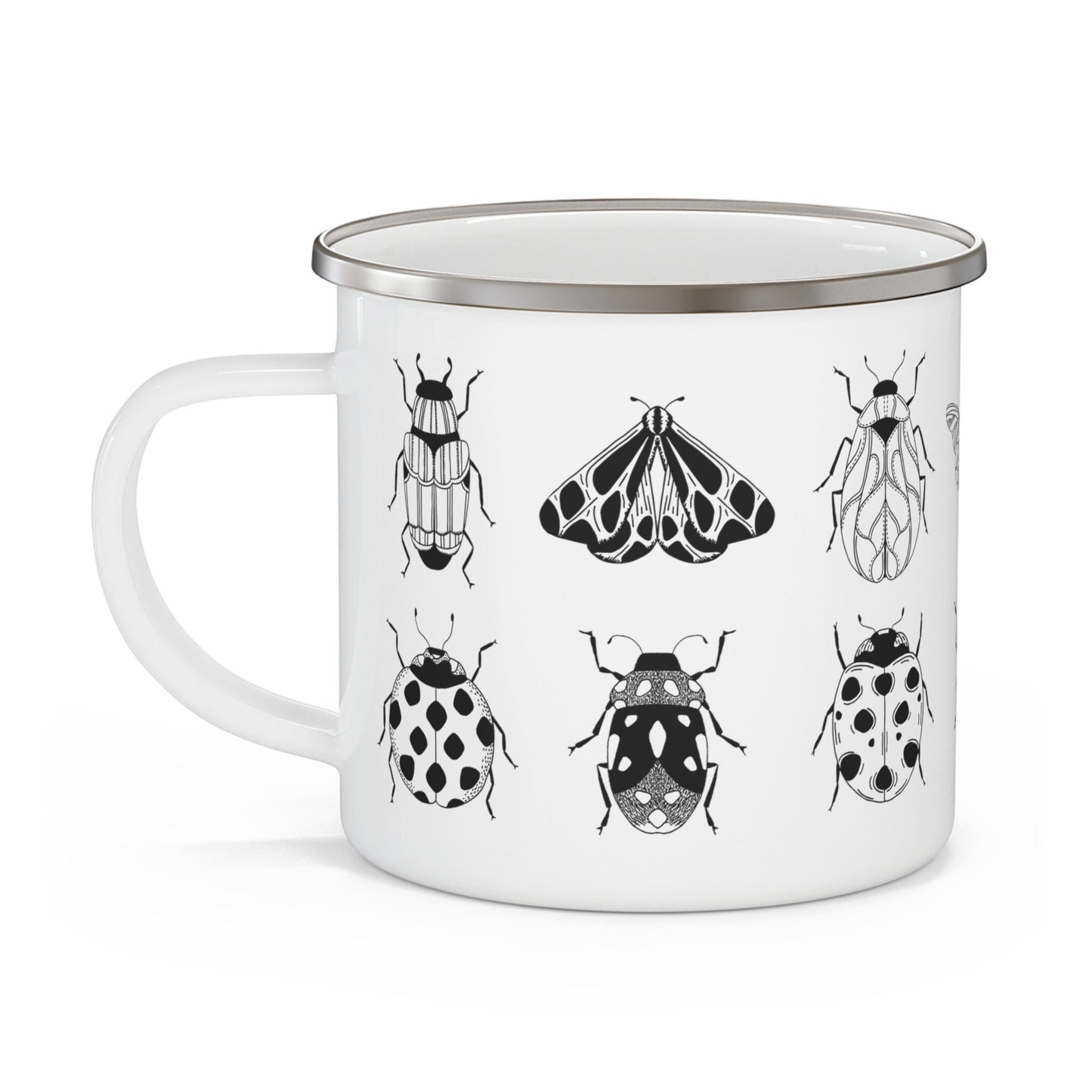 Minimalist Luxury Bug Noir Cup, Black & White Enamel Cup, Modern Monochrome Espresso