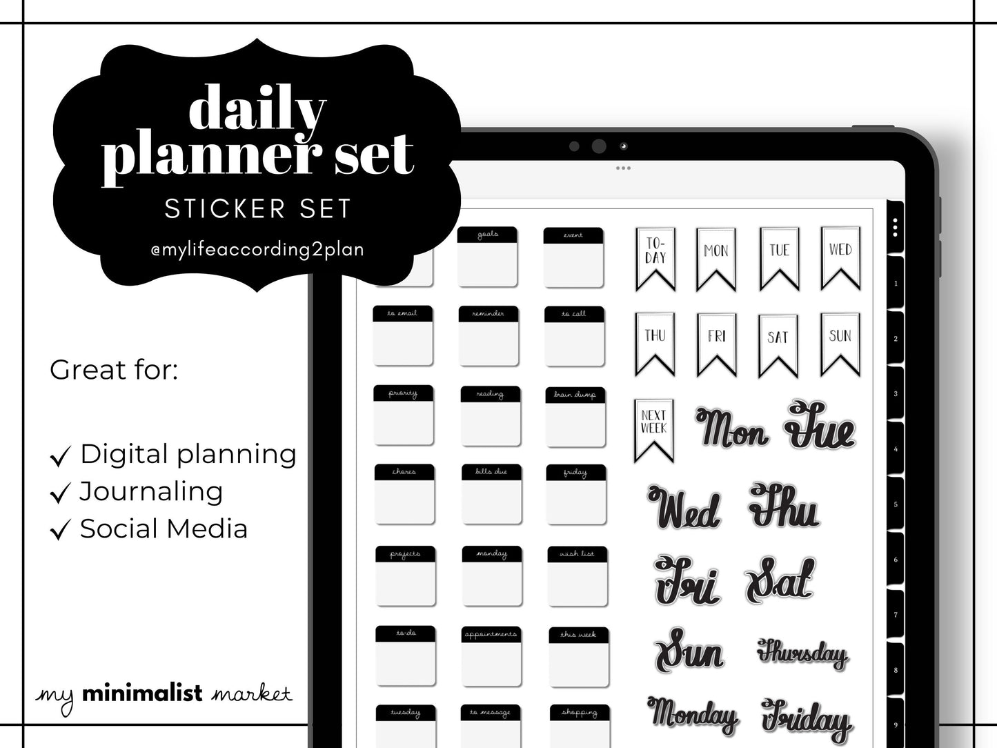 Minimalist Everyday Stickers, Planning and Bujo Labels Sticker Set, Digital Planner Stickers, GoodNotes 5 Elements, Precropped