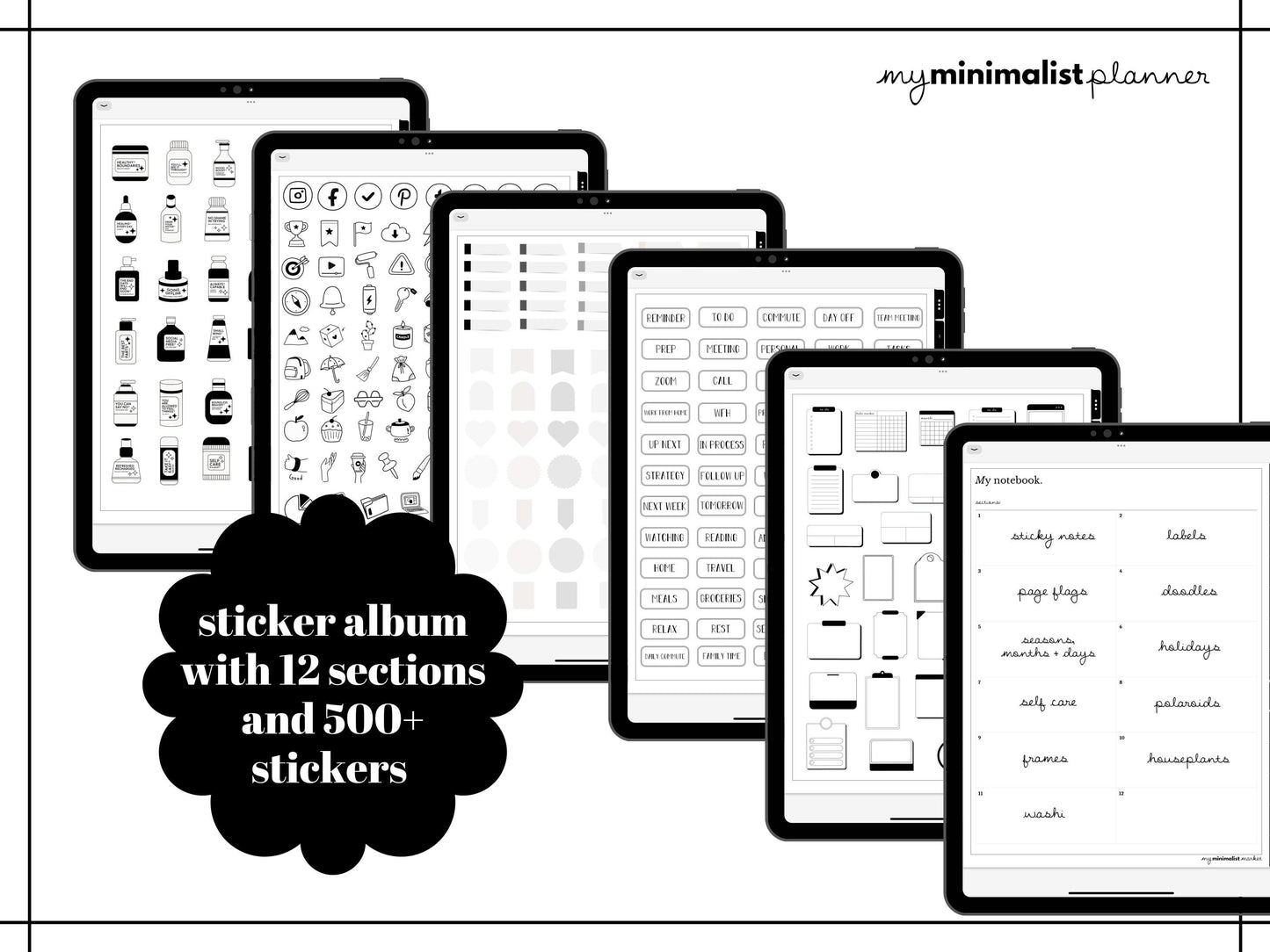 2025 Minimalist Digital iPad Planner, Sync with Apple + Google Calendar, Standard Black & White, Monthly Weekly Daily Template, Sticker Book