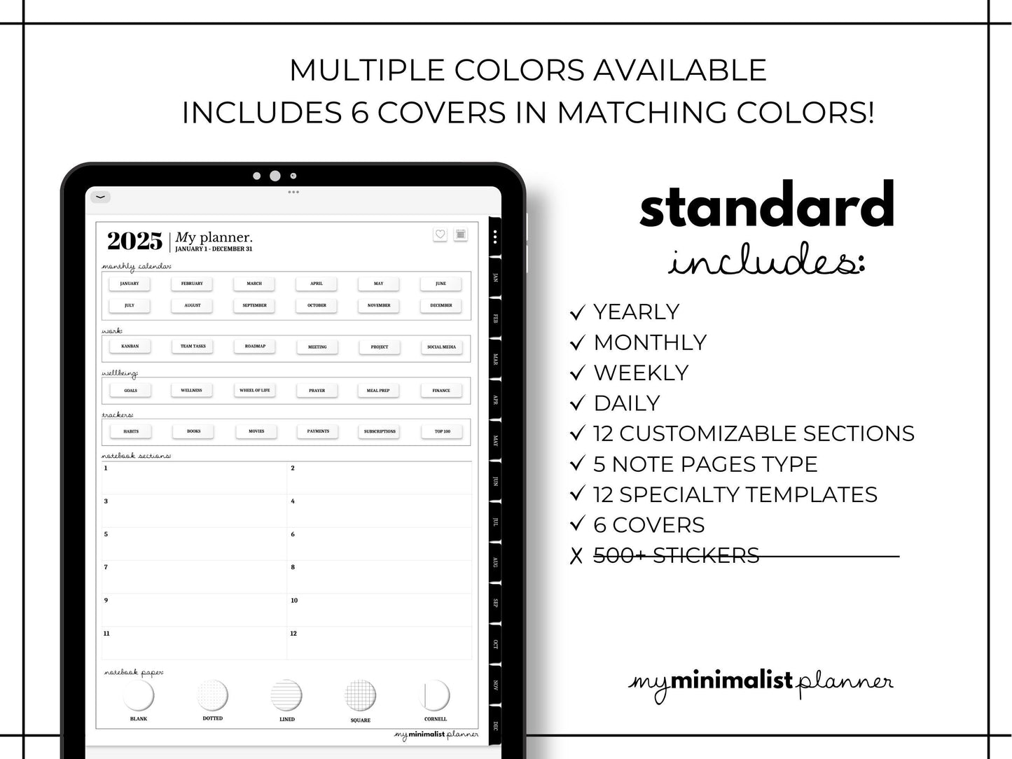 2025 Minimalist Digital iPad Planner, Sync with Apple + Google Calendar, Premium Multiple Colors, Monthly Weekly Daily Pages, Sticker Book