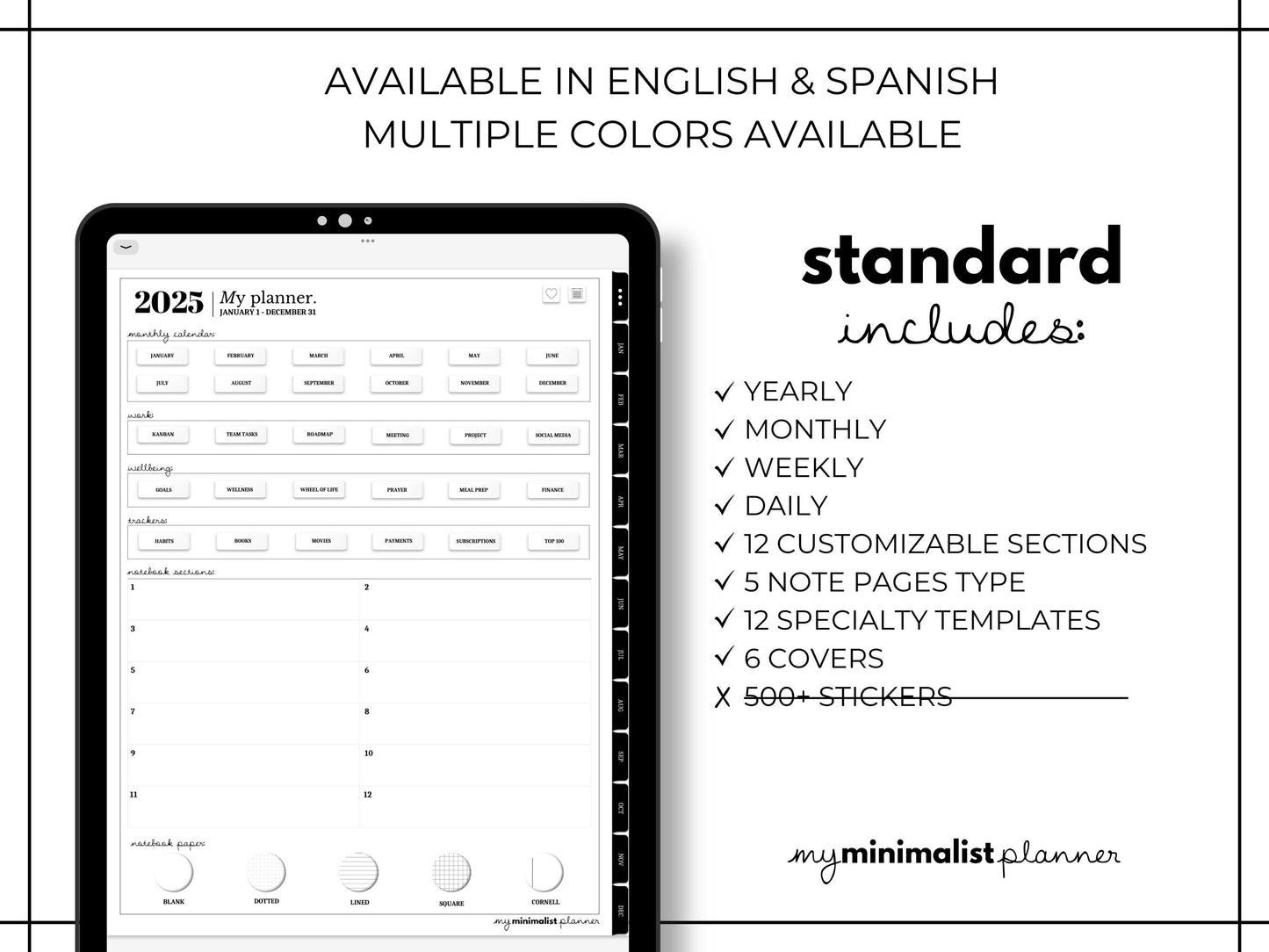 2025 Minimalist Digital iPad Planner, Sync with Apple + Google Calendar, Standard Black & White, Monthly Weekly Daily Template, Sticker Book