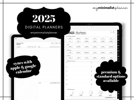 2025 Minimalist Digital iPad Planner, Sync with Apple + Google Calendar, Standard Black & White, Monthly Weekly Daily Template, Sticker Book