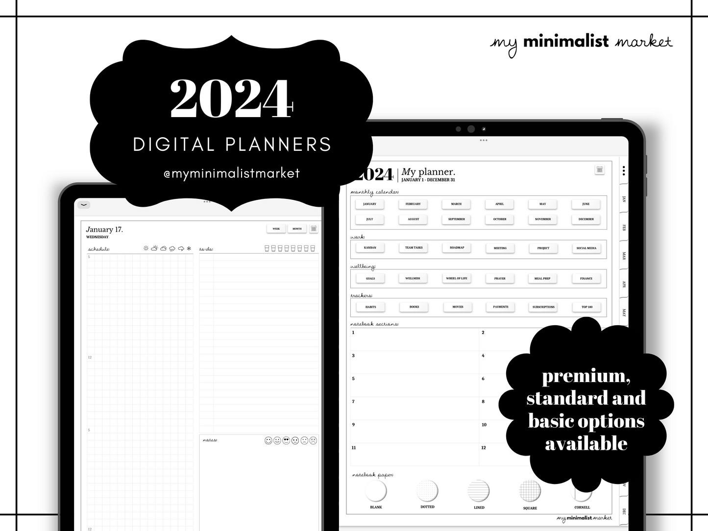 Minimalist 2024 Digital iPad Planner for GoodNotes, Premium Off-White Planner, Portrait Mode, Monthly Weekly Daily Templates, Stickers