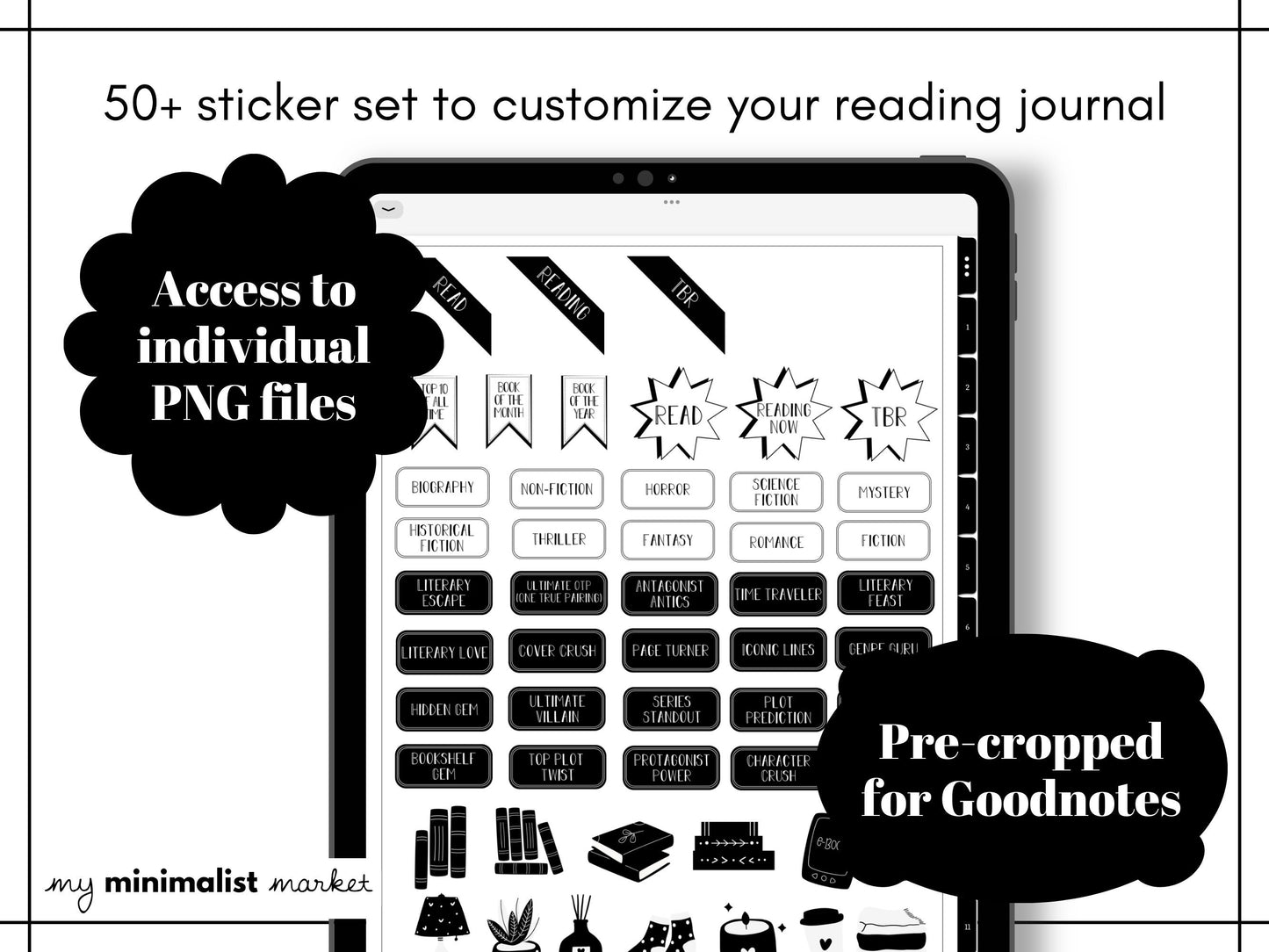 Minimalist Digital Reading Journal Log, Tracker, Book Review, Quote Collection, Reading Wishlist, A to Z, Top 10, Goodnotes Template