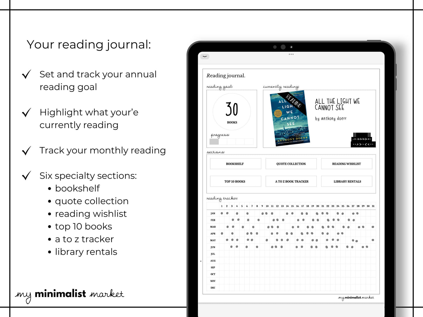Minimalist Digital Reading Journal Log, Tracker, Book Review, Quote Collection, Reading Wishlist, A to Z, Top 10, Goodnotes Template