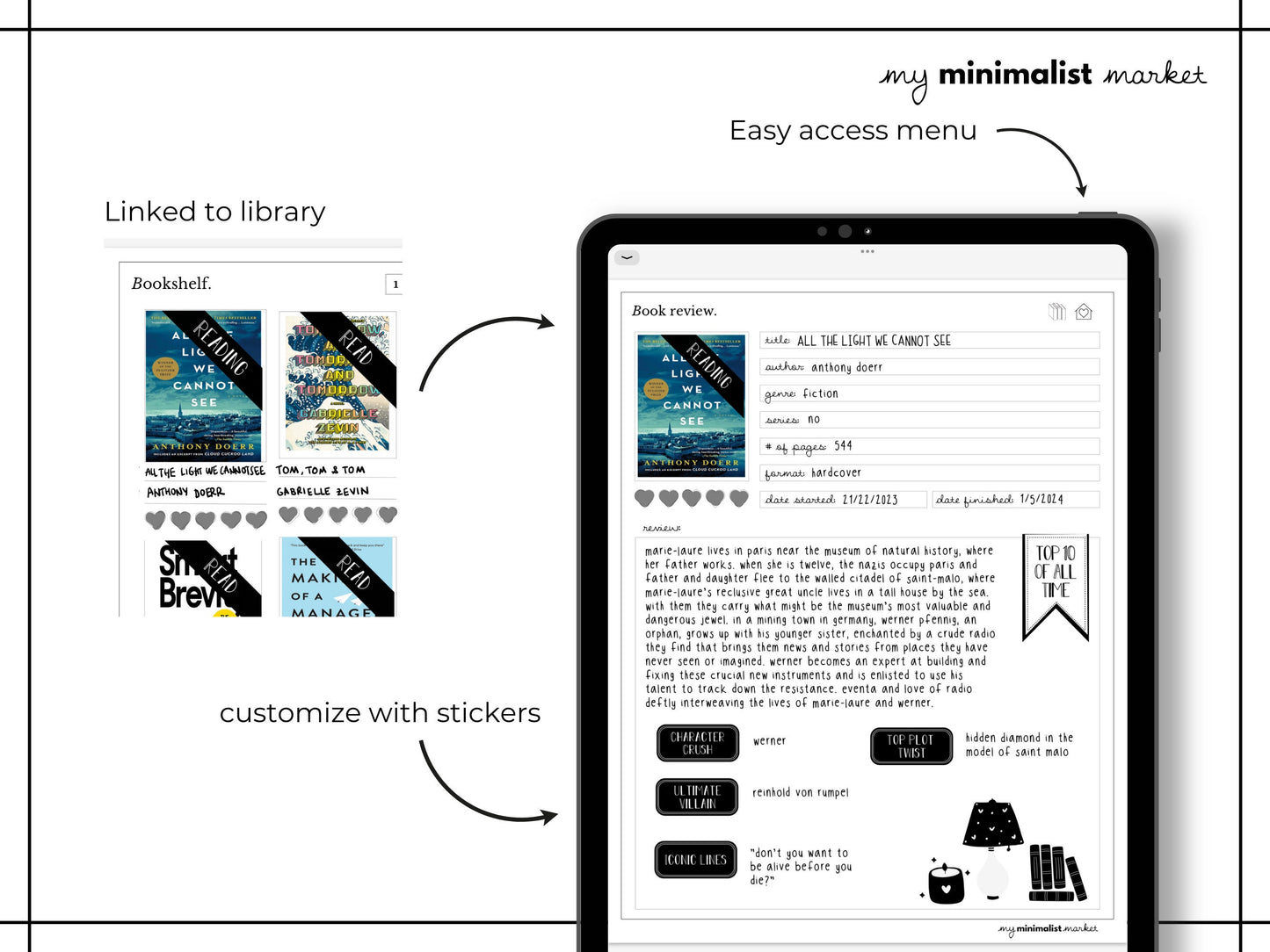 Minimalist Digital Reading Journal Log, Tracker, Book Review, Quote Collection, Reading Wishlist, A to Z, Top 10, Goodnotes Template