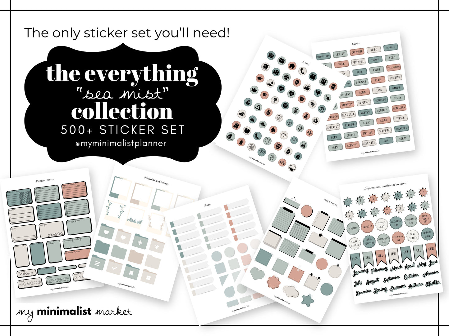 Everything Sticker Set "Sea Mist Collection", Digital Planning & Bujo, Labels, Seasons, Holidays, Self Care, Icons and Post-its, Precropped